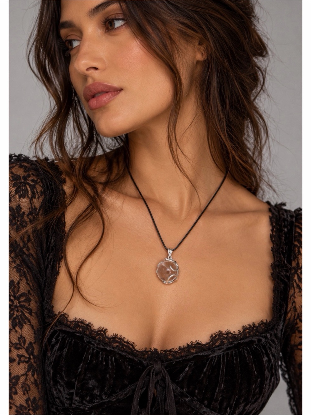 S925 Sterling Silver Clear Orb Crystal Ball Swirl Pendant Necklace, OS